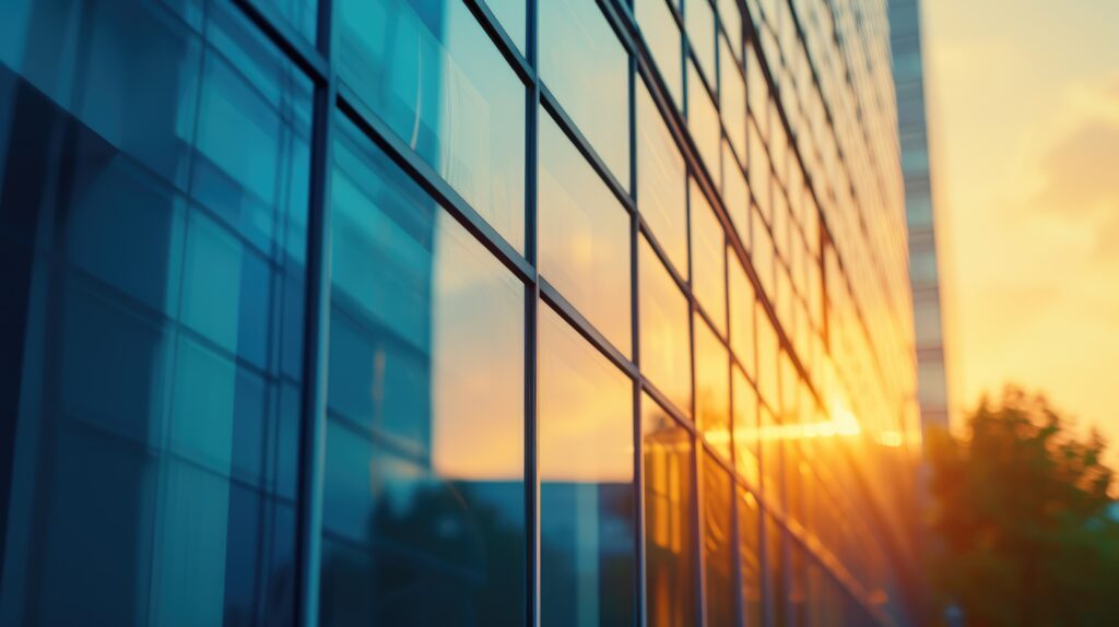 Die Aussenseite eines Bürogebäudes mit einer grossen Fensterfront, in die die Sonne hineinscheint.