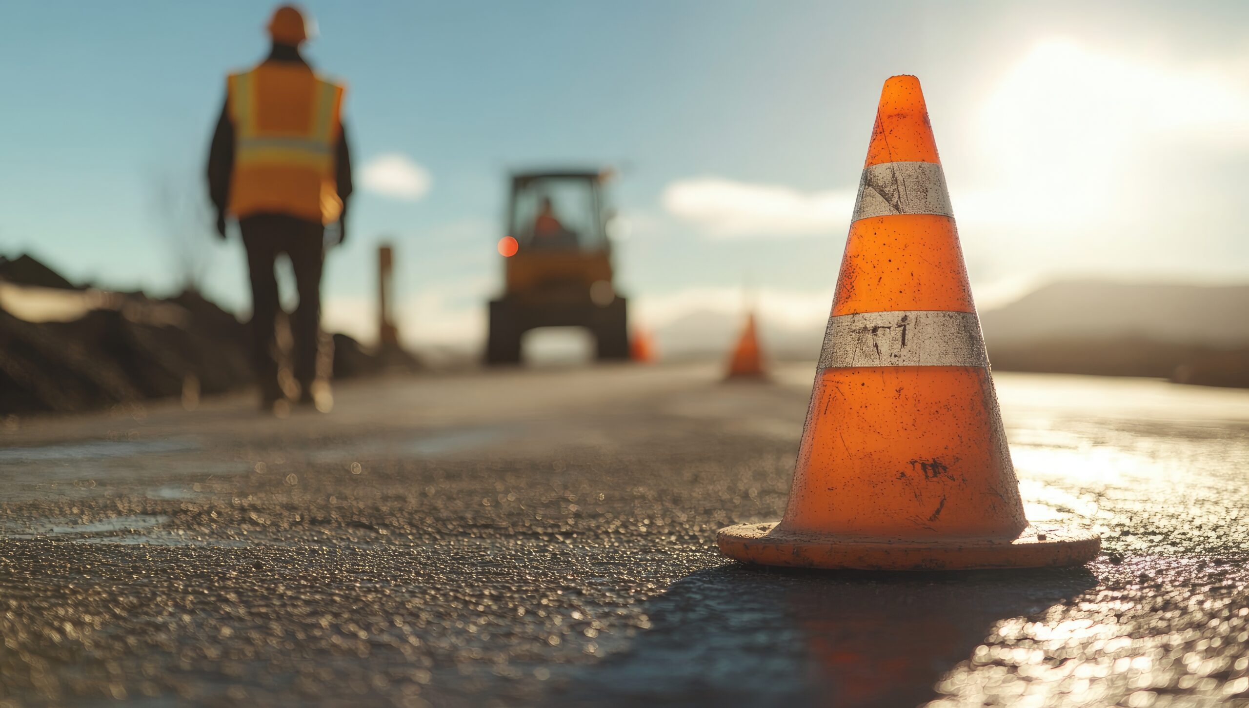 Ein orangener Verkehrskegel auf der Strasse, im Hintergrund ein Strassenarbeiter sowie ein Fahrzeug, das die Strasse repariert als Symbol für die NSNW Case Study von baseVISION