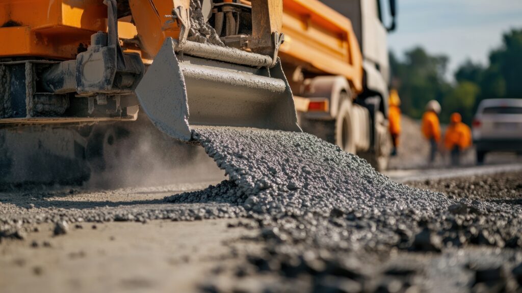 Strassenbaumaschine, die gerade eine Strasse baut, im Hintergrund ein paar Arbeiter als Symbol für die NSNW Case Study von baseVISION
