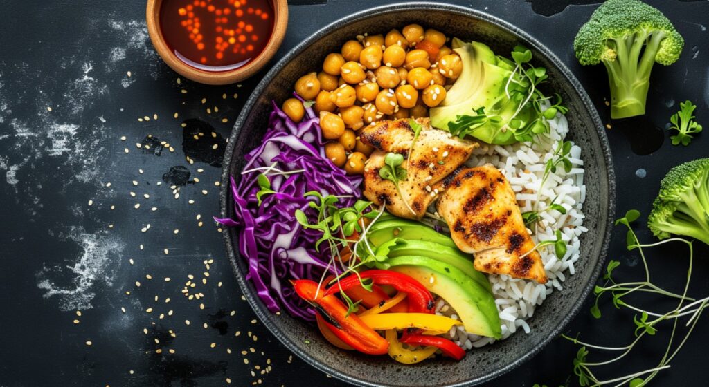 Eine Schüssel mit farbigem Essen: Reis, Poulet, Avocado, Peperoni, Rotkraut, Kichererbsen, Broccoli als Hero-Bild für Orior Food Gruppe - Case Study von baseVISION