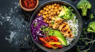 Eine Schüssel mit farbigem Essen: Reis, Poulet, Avocado, Peperoni, Rotkraut, Kichererbsen, Broccoli als Hero-Bild für Orior Food Gruppe - Case Study von baseVISION
