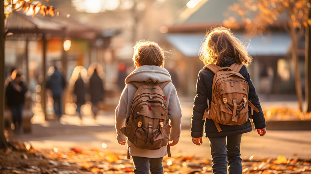 Zwei Schüler laufen mit ihrem Rucksack an die Schule Hünenberg im herbstlichen Sonnenlicht
