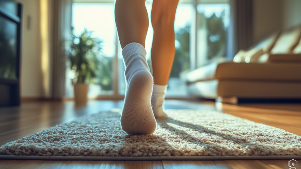 Eine Frau, die in Socken auf einem Teppich im Wohnzimmer läuft als Symbol für die Sigvaris Kompressionsstrümpfe Case Study von baseVISION