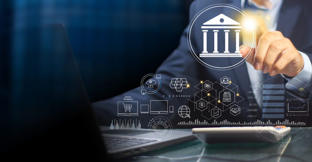 Verschiedene Symbole, die eine Person mit dem Finger antippt, die virtuelle Bank-Technologie zeigt